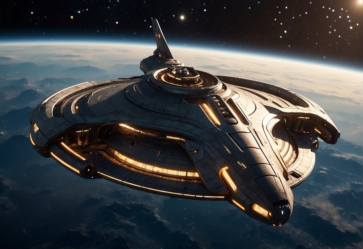 A spaceship hovers in the vast expanse of space, surrounded by twinkling stars and swirling galaxies. The ship's sleek design reflects the futuristic technology of the Star Trek universe