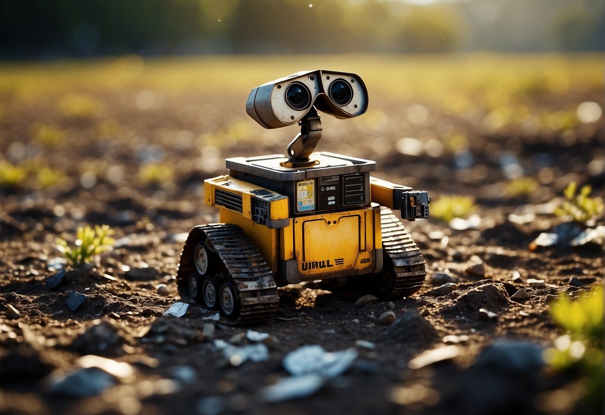 Wall-E floats among a vast field of space debris, highlighting the environmental message of the film. The cluttered and desolate scene depicts the reality of space debris in the future