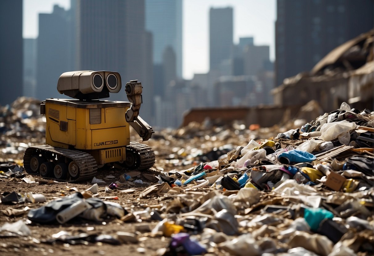 A cluttered, desolate Earth landscape with piles of trash and abandoned machinery. A lone robot, Wall-E, diligently cleans up the mess, surrounded by towering skyscrapers of garbage. The vastness of space looms in the background, filled
