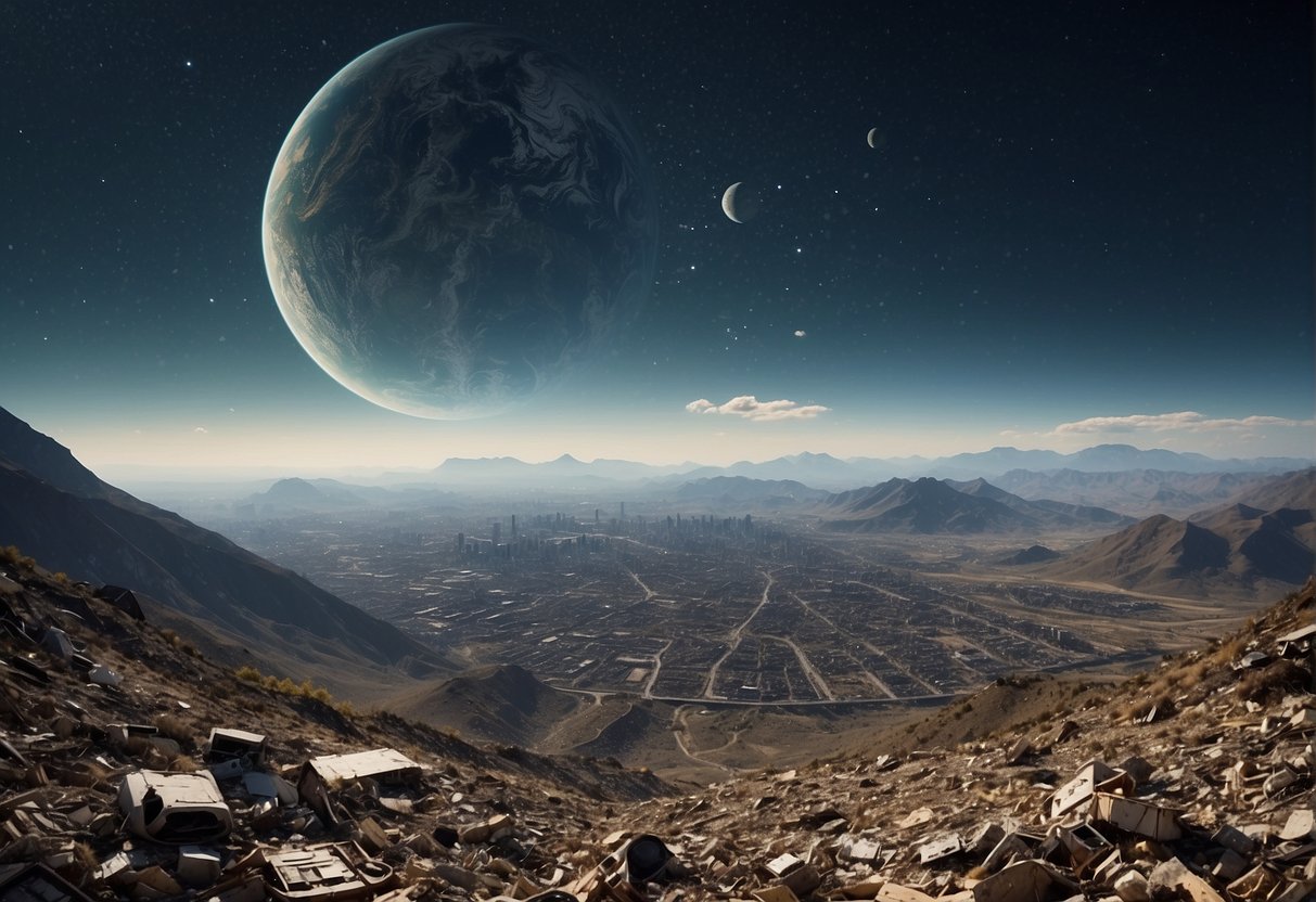 A desolate Earth covered in towering mountains of discarded waste, with abandoned cities and polluted skies, while space debris orbits ominously above