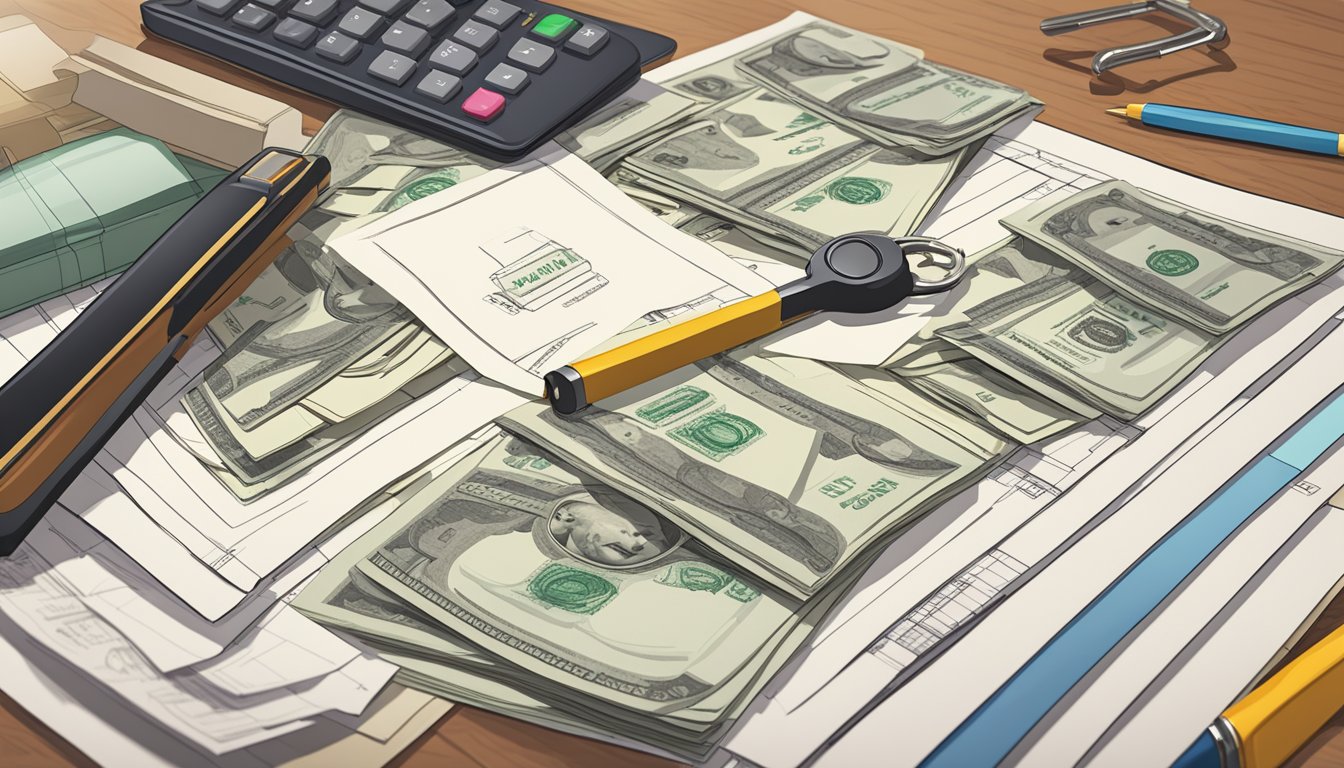 A stack of cash and a signed agreement on a table, with a set of keys and a floor plan nearby