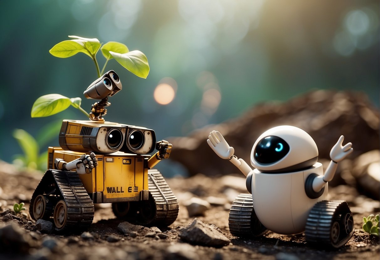 Wall-E and Eve stand among a pile of space debris, holding hands and gazing at a small plant growing in the midst of the destruction