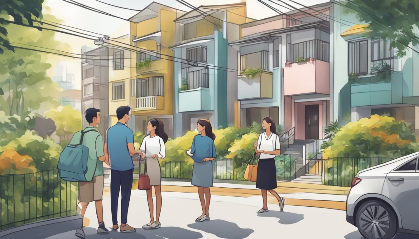 A couple eagerly discussing resale flat options with a real estate agent in a bustling Singapore neighborhood