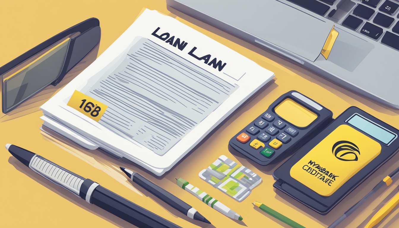 A stack of loan documents sits on a desk, alongside a calculator and pen. A laptop displays the Maybank CreditAble Term Loan webpage
