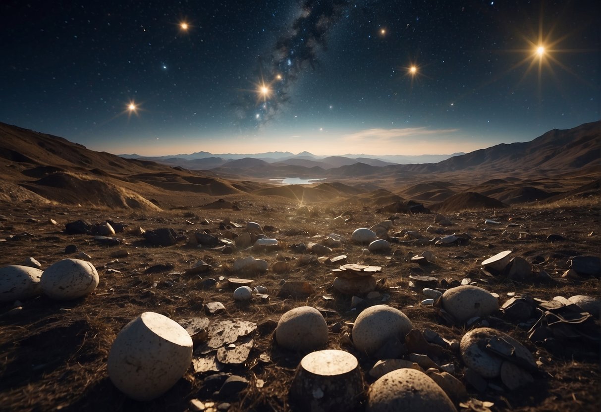 A cluttered Earth landscape, with piles of discarded waste and debris, contrasts against a serene, star-filled space backdrop