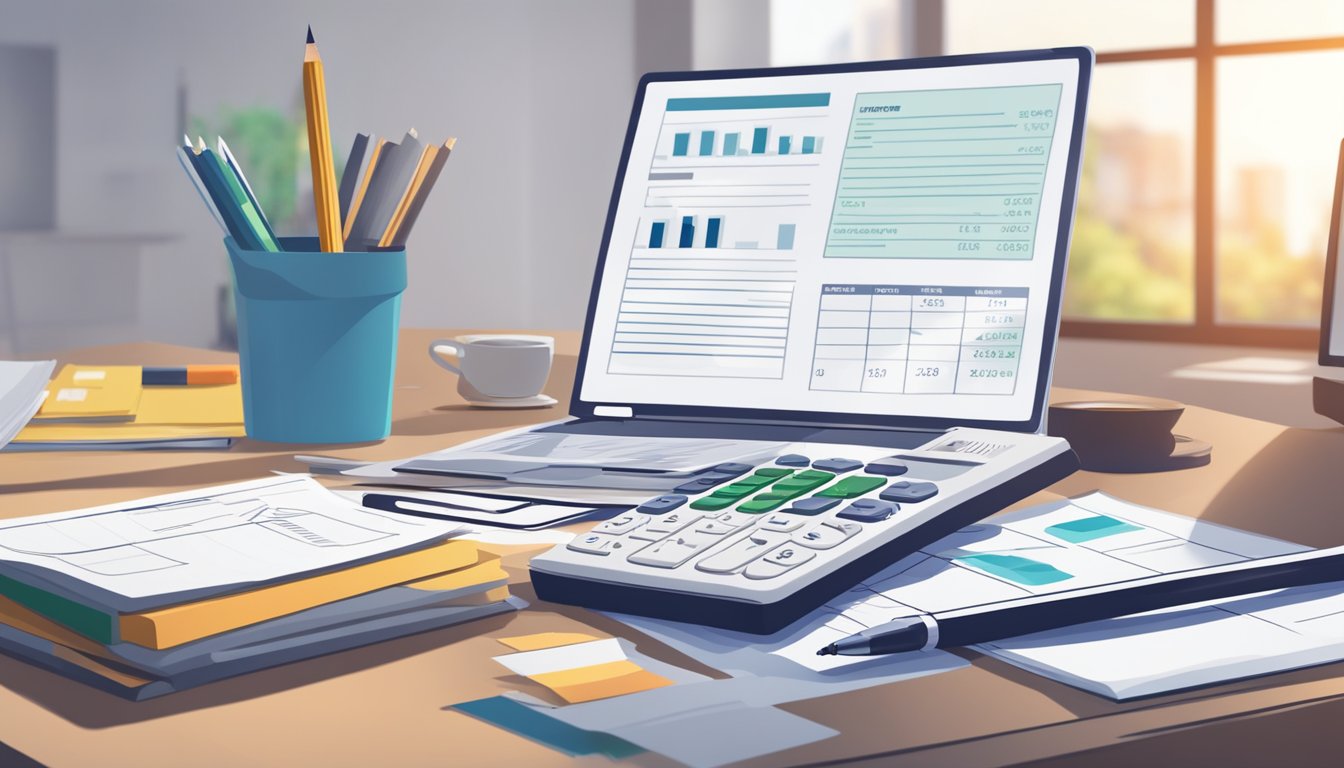 A person reviewing documents and financial statements for a resale flat purchase, with a calculator and pen on the table