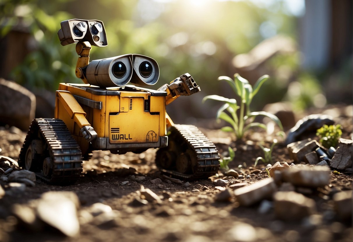 Wall-E's message of sustainability: a desolate Earth covered in trash, with Wall-E diligently cleaning up and planting new life amidst the debris
