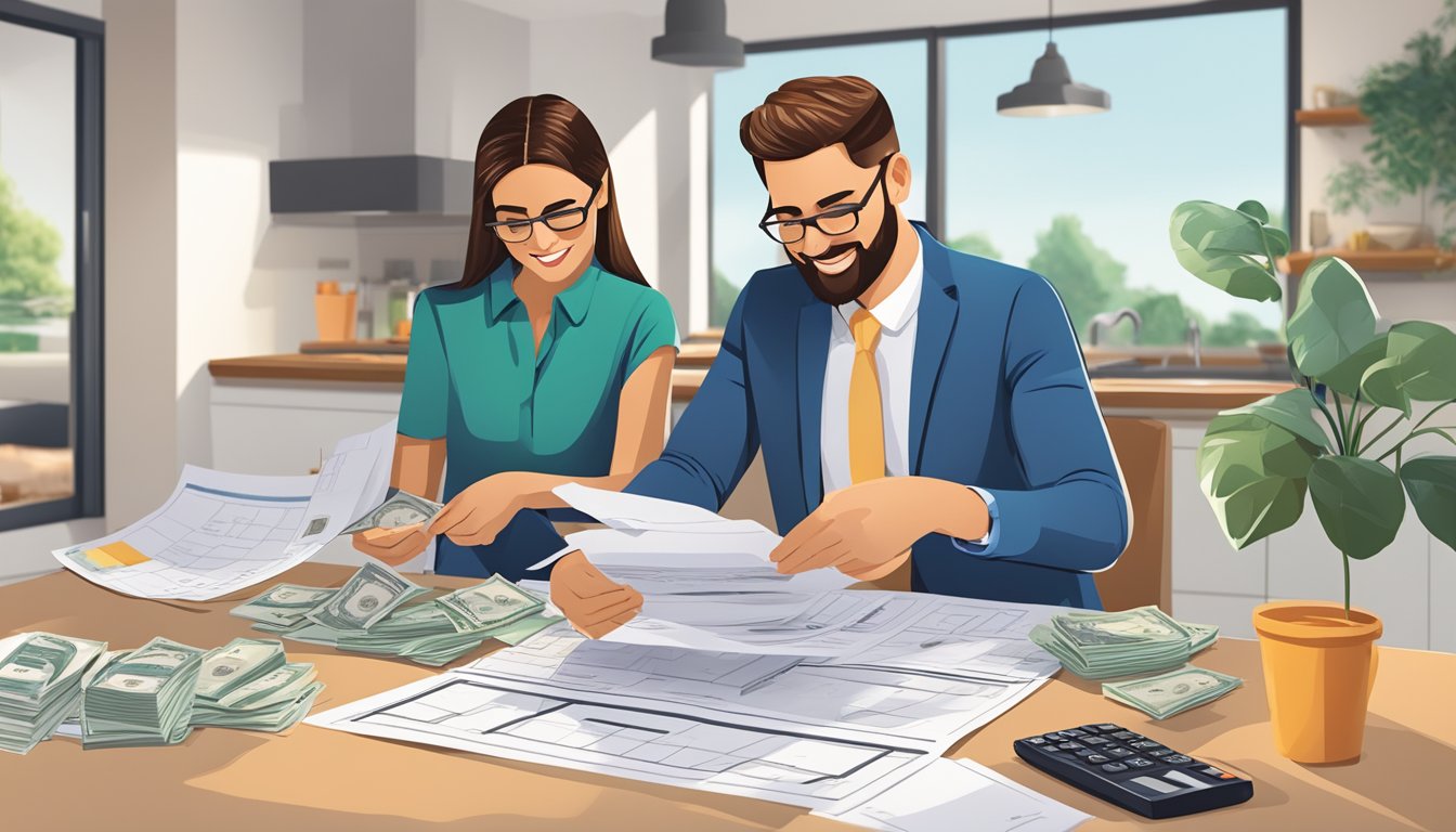 A couple sits at a table, reviewing paperwork. A calculator, keys, and a stack of money are spread out. A real estate agent gestures towards a floor plan