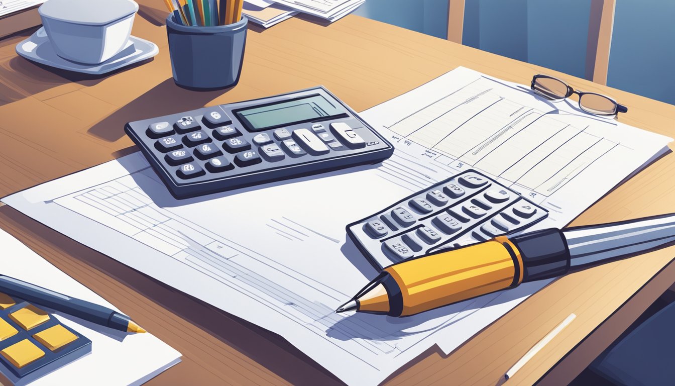 A contract being signed with a pen on a desk, with a calculator and financial documents nearby