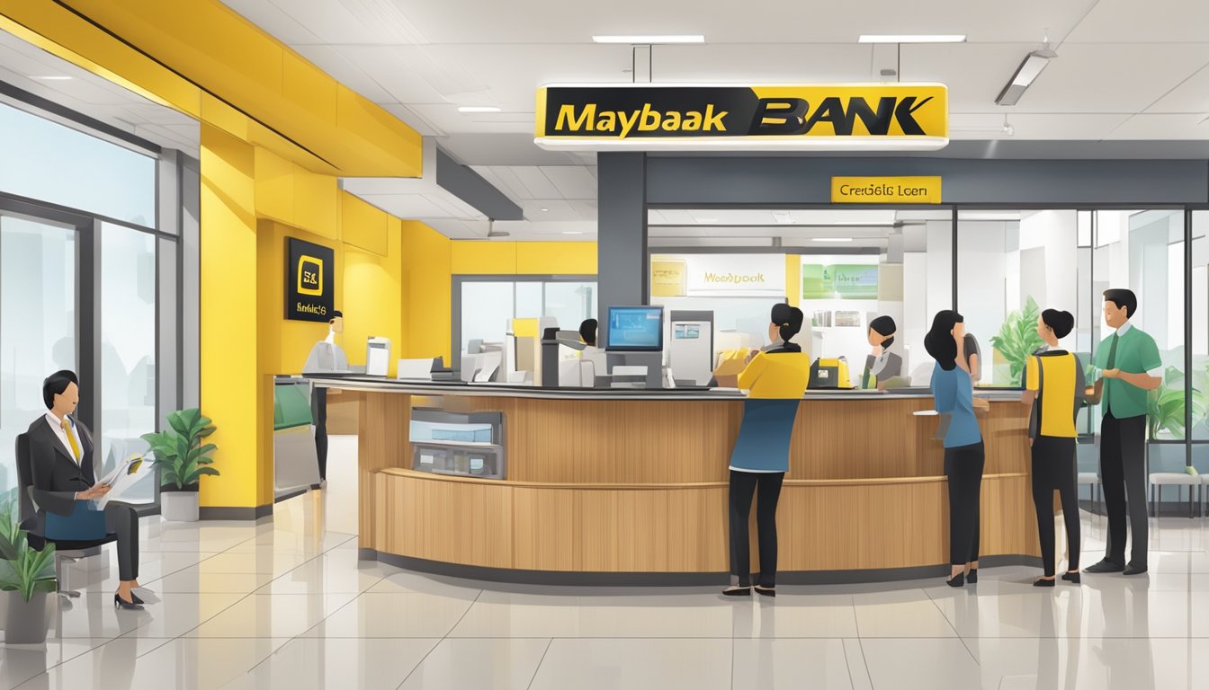 A bright and modern bank branch with a sign displaying "Maybank CreditAble Term Loan" and customers being served by friendly staff