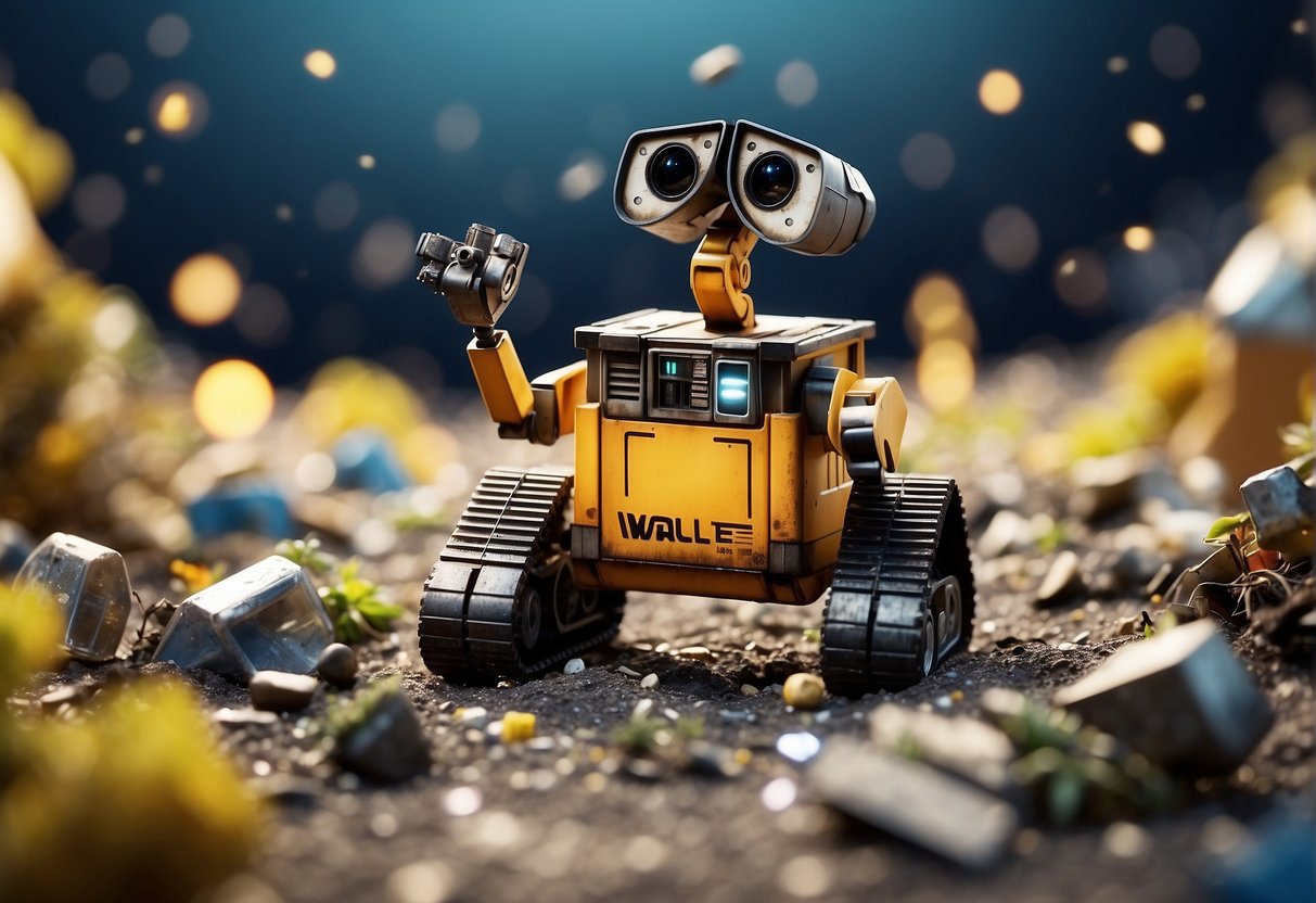 Wall-E floats among a sea of space debris, collecting and compacting the waste to create a sustainable environment