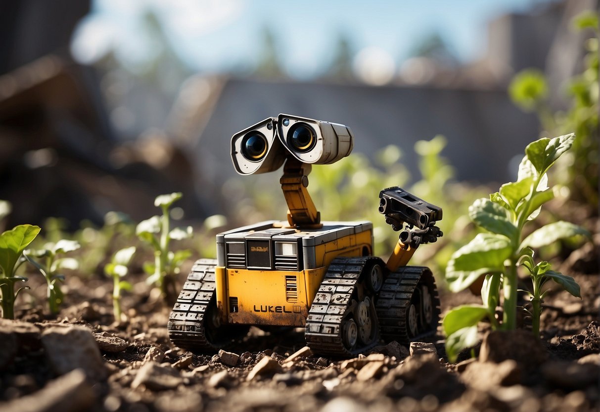 Wall-E stands among piles of space debris, reaching out to a plant growing in the midst of the wreckage, symbolizing the environmental message of the film