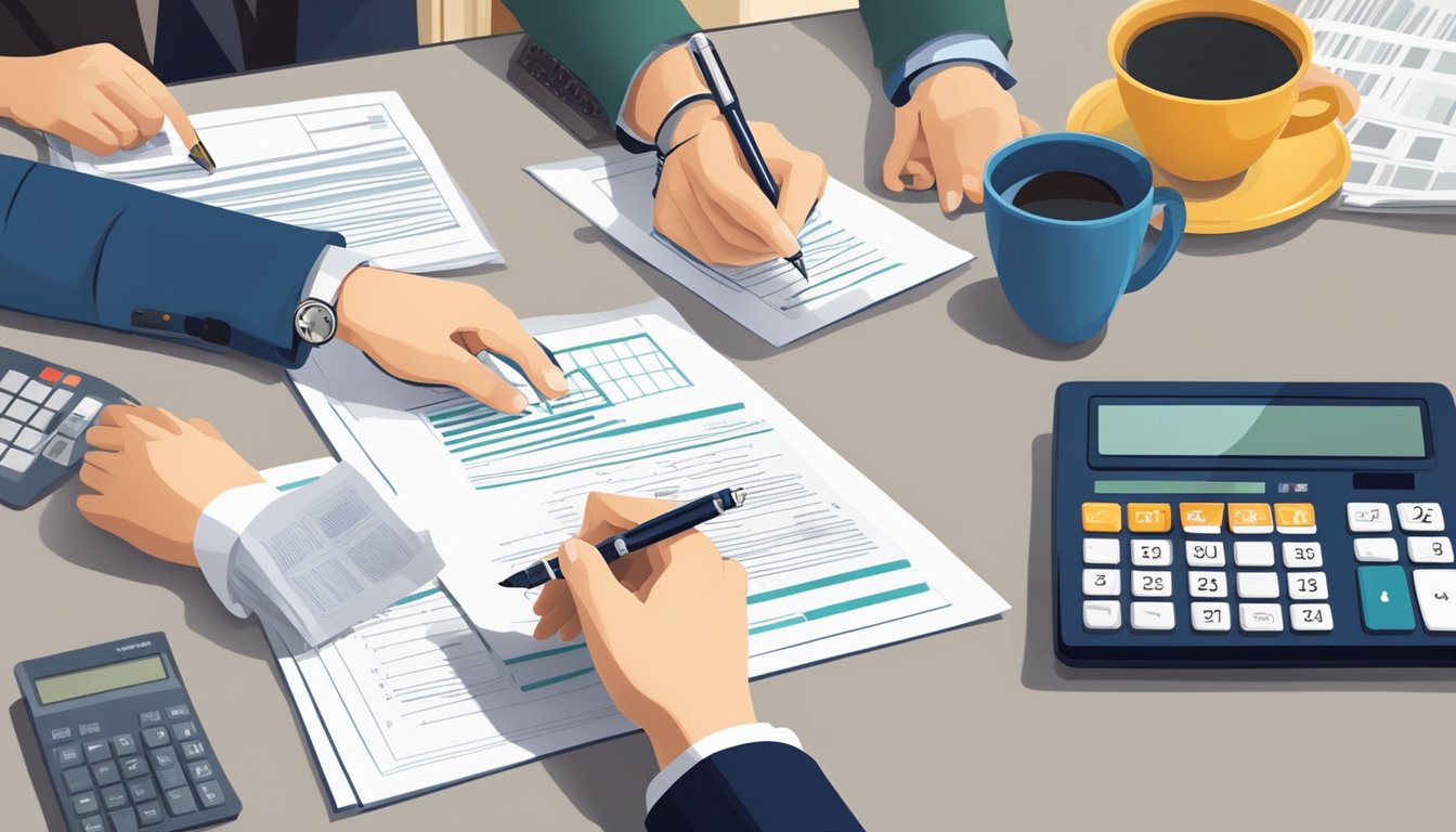 A person signing legal documents with a real estate agent, while a calculator shows additional costs for a resale flat downpayment in Singapore