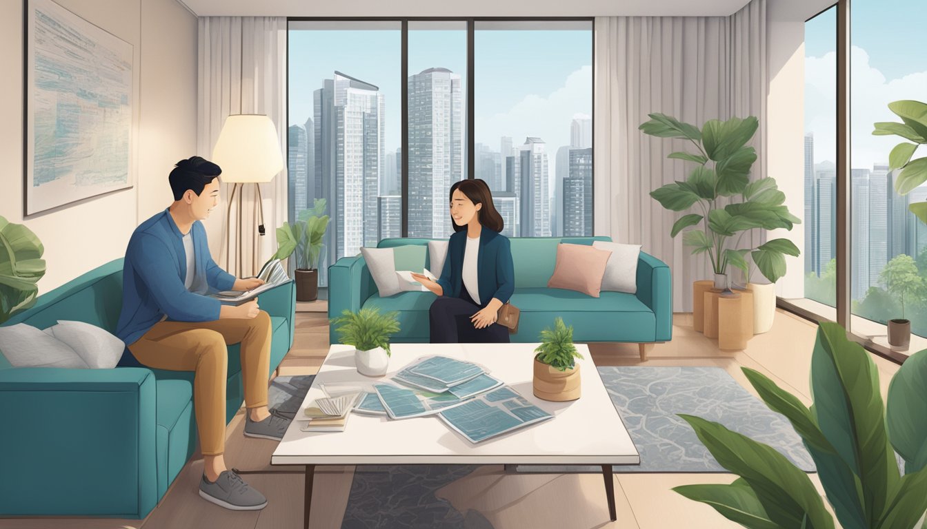 A couple discussing downpayment options for a resale flat in Singapore, surrounded by real estate brochures and financial documents