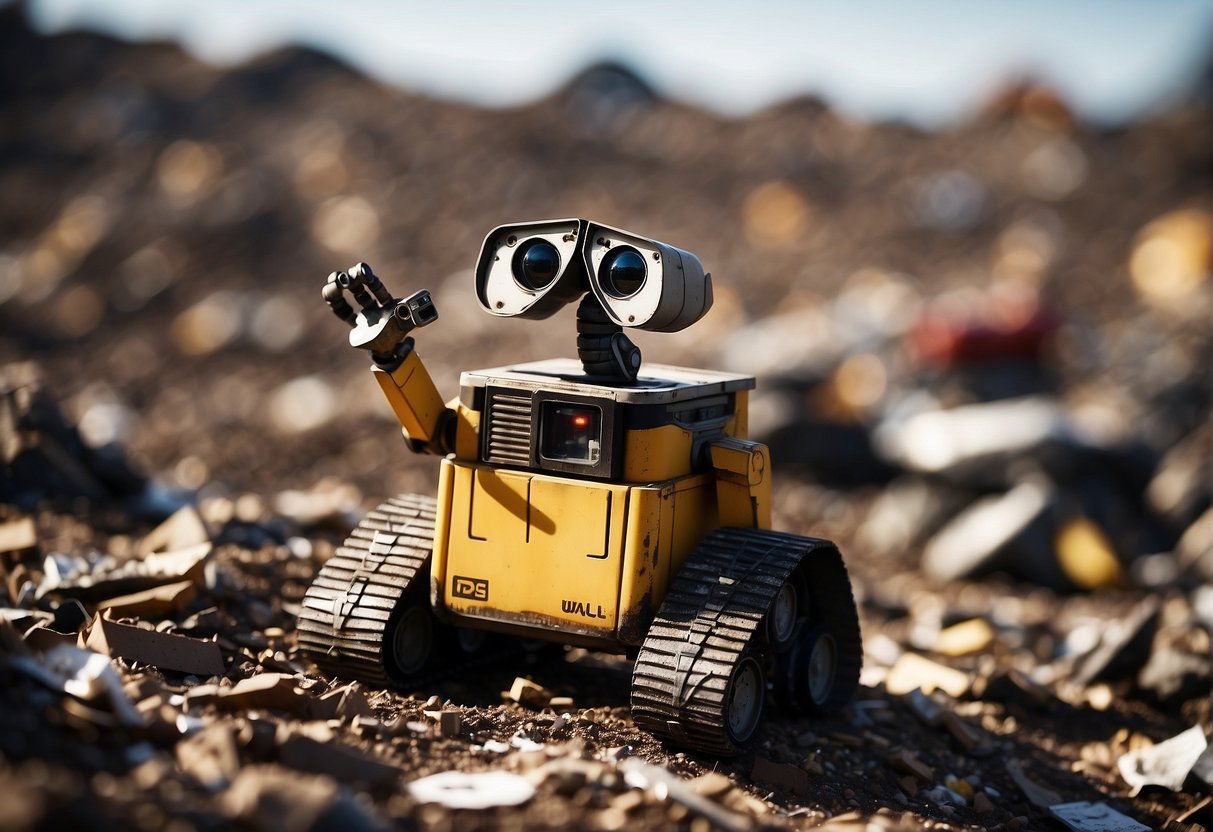 Wall-E stands among piles of space debris, his eyes scanning the polluted landscape. The Earth is covered in garbage, a stark reminder of the consequences of human negligence