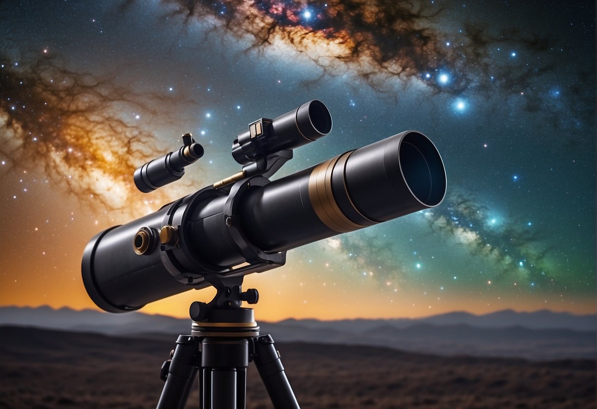 A telescope points towards a vast, star-filled sky with swirling galaxies and colorful nebulae. Planets and moons orbit in the distance, creating a sense of awe and wonder