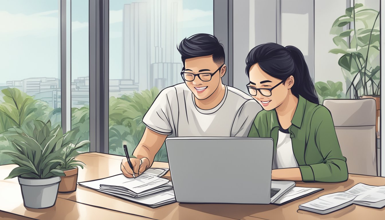 A couple browsing through real estate listings online for resale flats in Singapore after the minimum occupation period