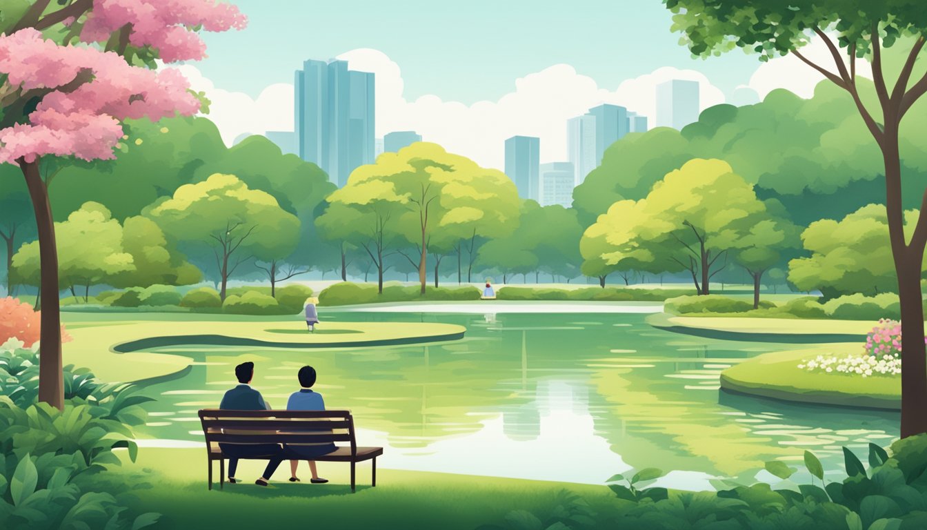 A serene park with a couple sitting on a bench, surrounded by lush greenery and a peaceful pond, representing the CPF Life retirement scheme in Singapore