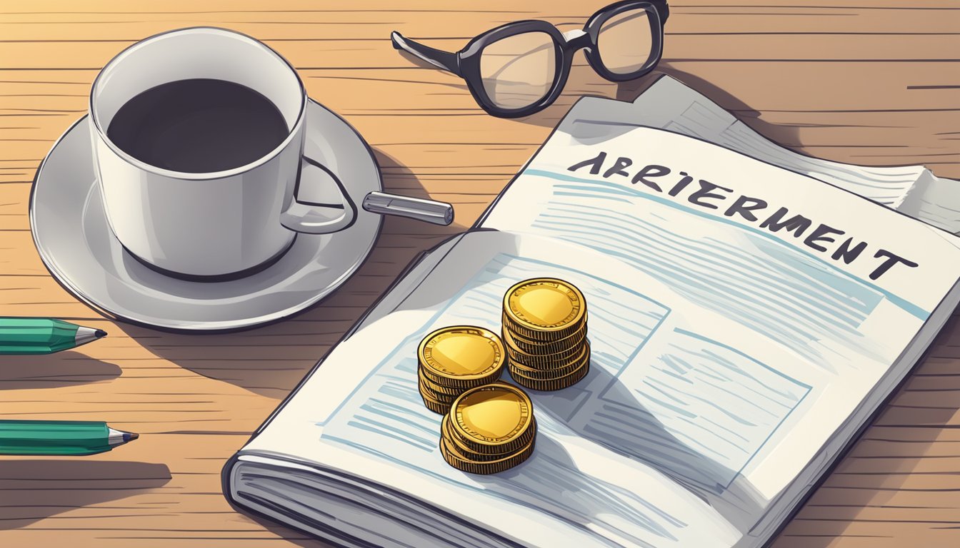 A stack of coins and a retirement savings account book on a desk