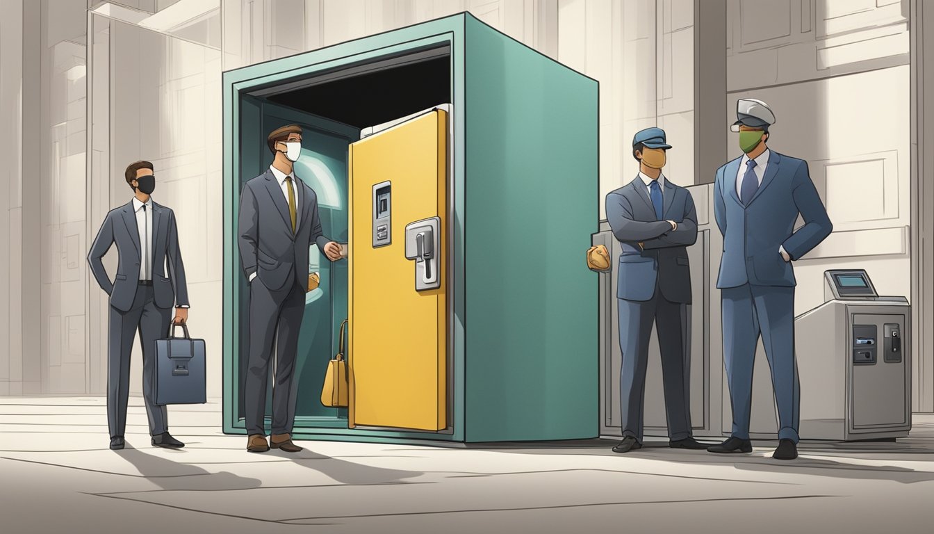 A person's financial identity is shielded by a secure vault, while a licensed money lender and credit bureau stand guard in the background