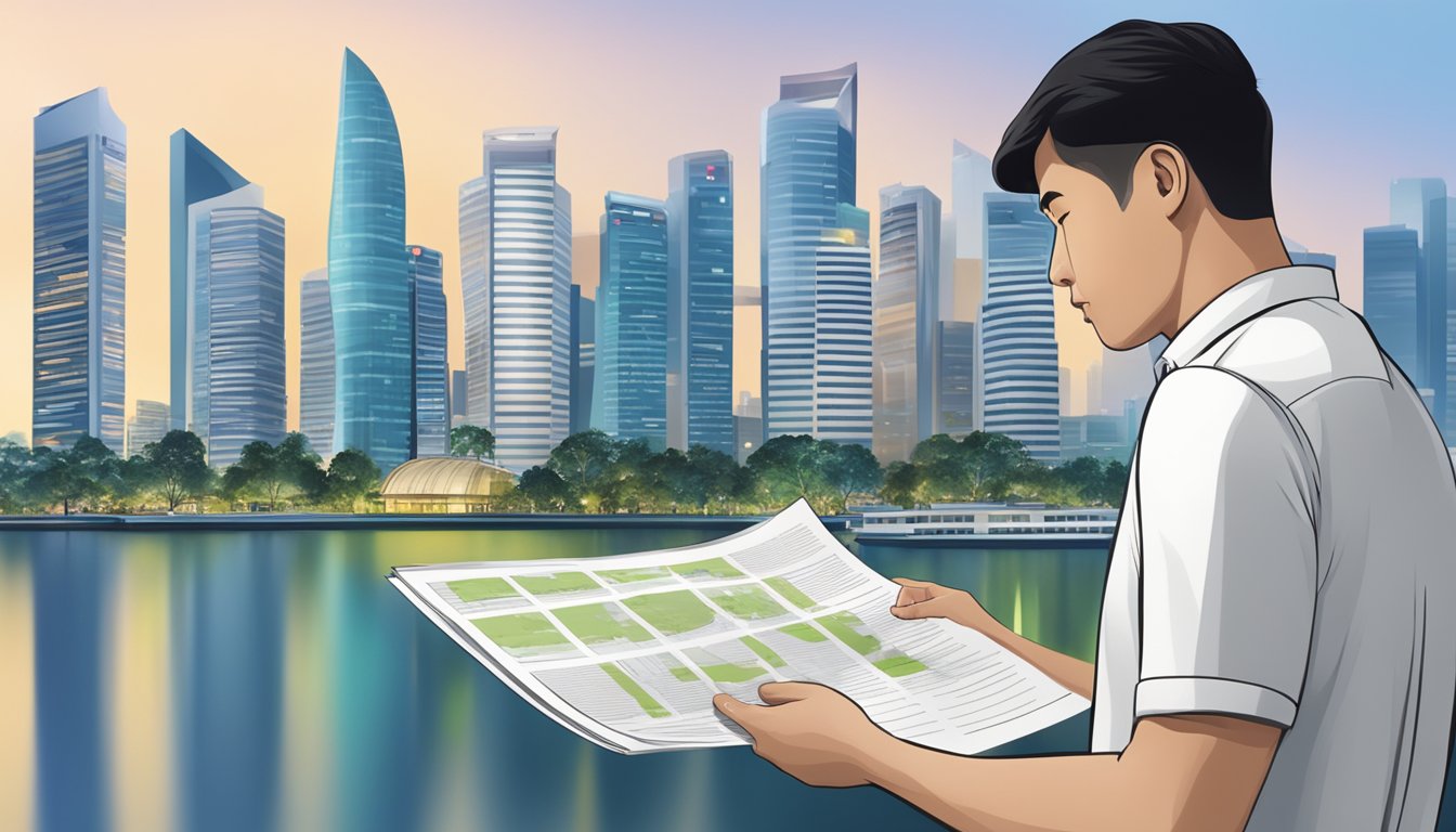 A foreigner reads a list of property purchase rules in Singapore, with a city skyline in the background