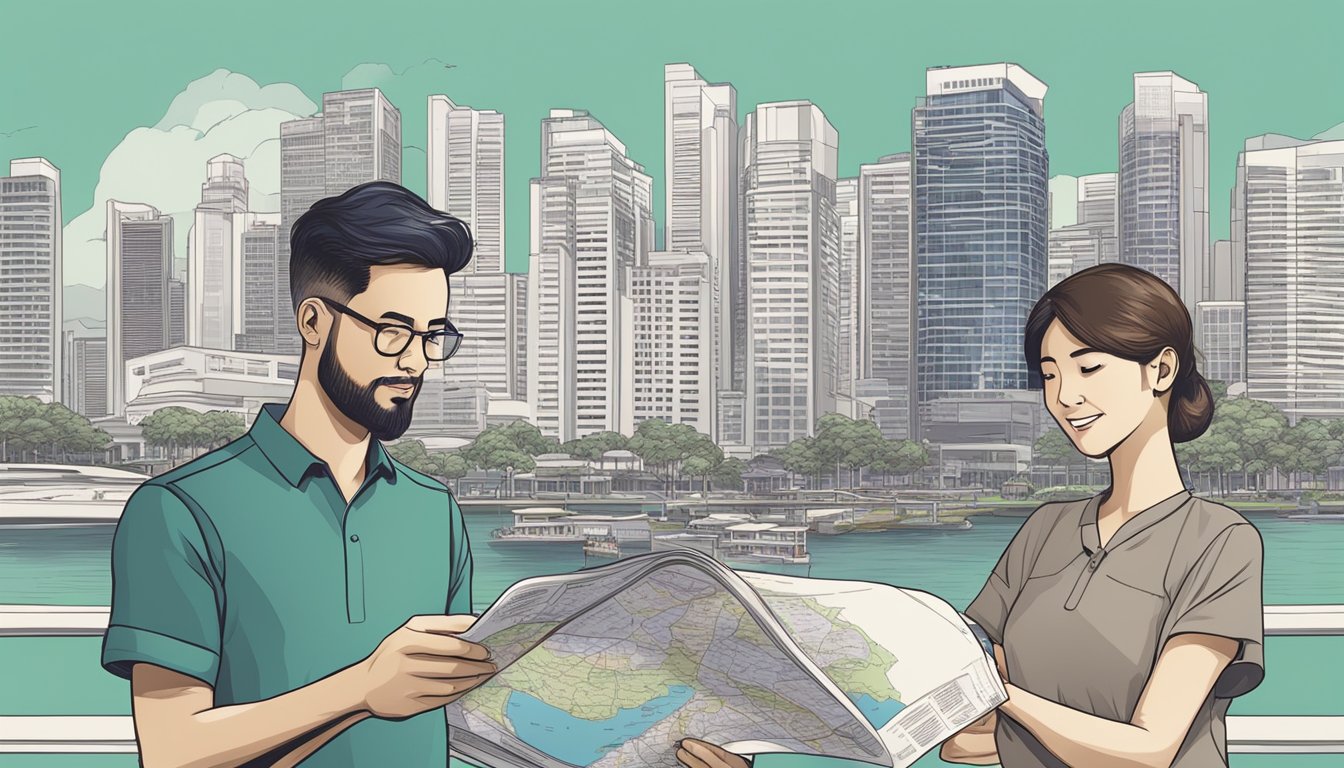 Foreigners reading FAQ on property rules in Singapore, with a map of the country in the background