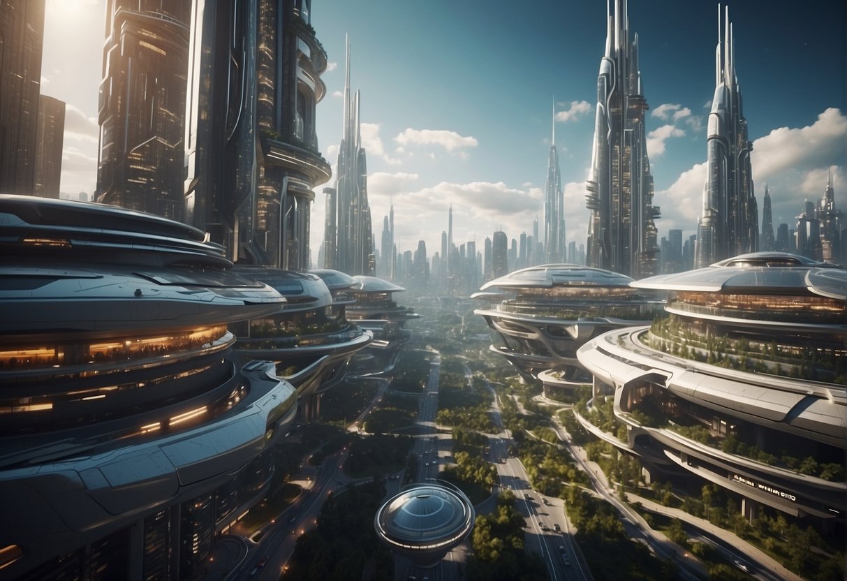 A futuristic cityscape with towering skyscrapers and advanced technology, set against the backdrop of a sprawling space station and a network of interconnected spacecraft