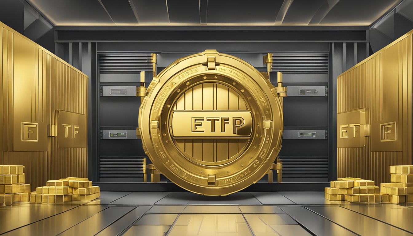 A secure vault with gold bars and a prominent ETF logo in Singapore