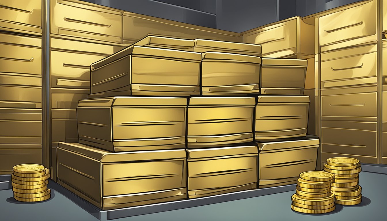 A stack of gold bars and coins arranged neatly on a secure vault shelf in a Singaporean bank