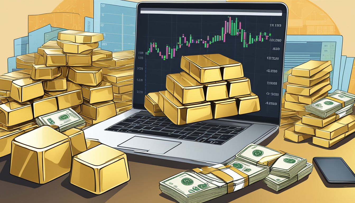 A stack of gold bars surrounded by financial charts and graphs, with a computer displaying the safest gold ETF options in Singapore
