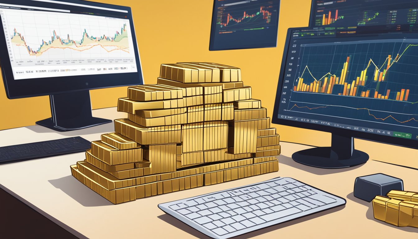 A stack of gold bars surrounded by financial charts and graphs, with a computer screen displaying the safest gold ETF in Singapore