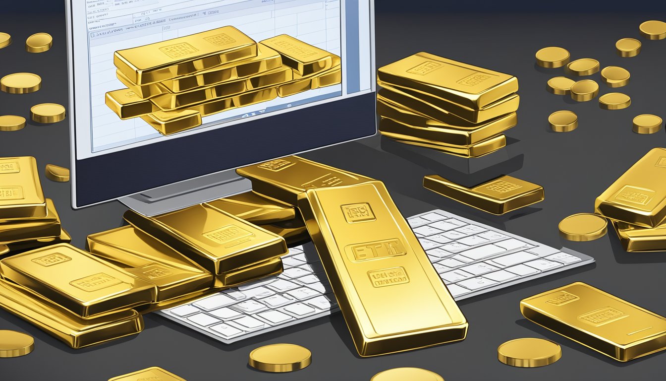 A stack of gold bars and a computer screen displaying gold ETF options