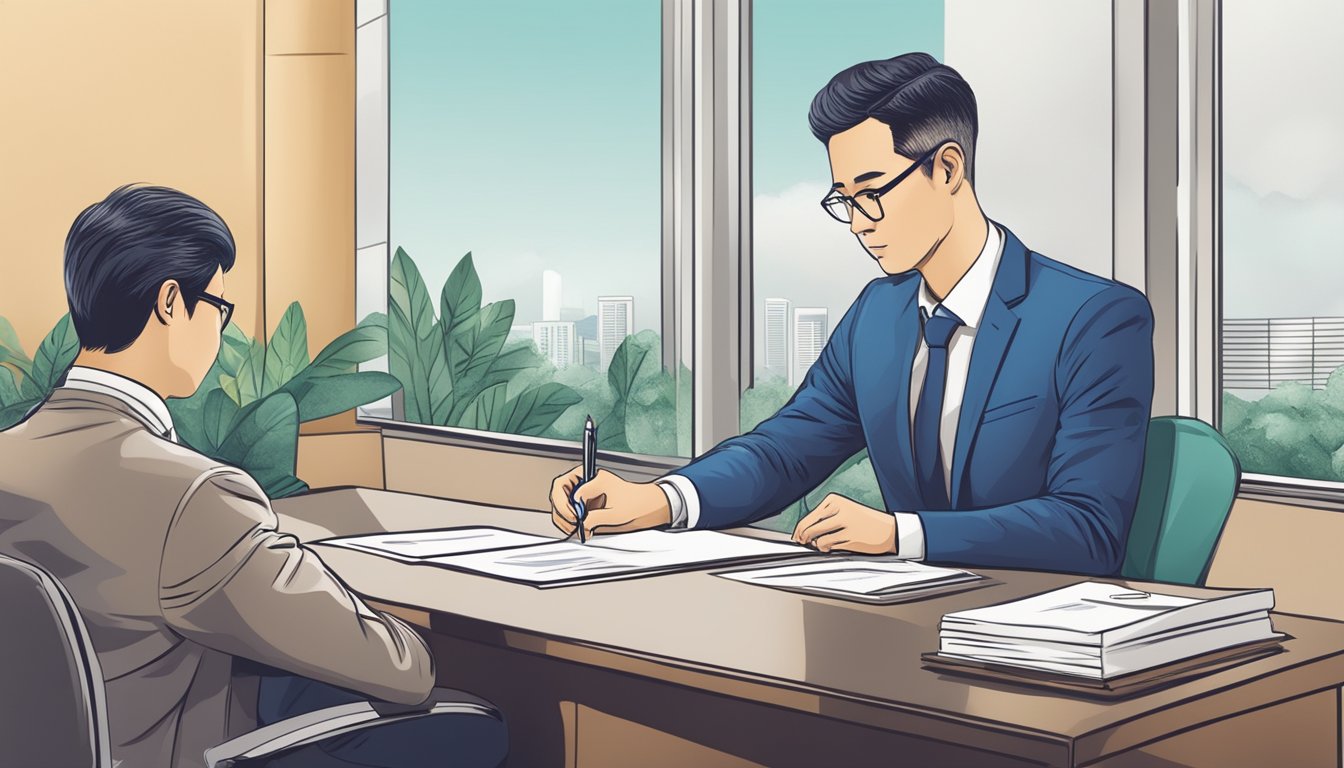A businessman signing a document for a business loan, while another person fills out paperwork for a personal loan in a bank office in Singapore