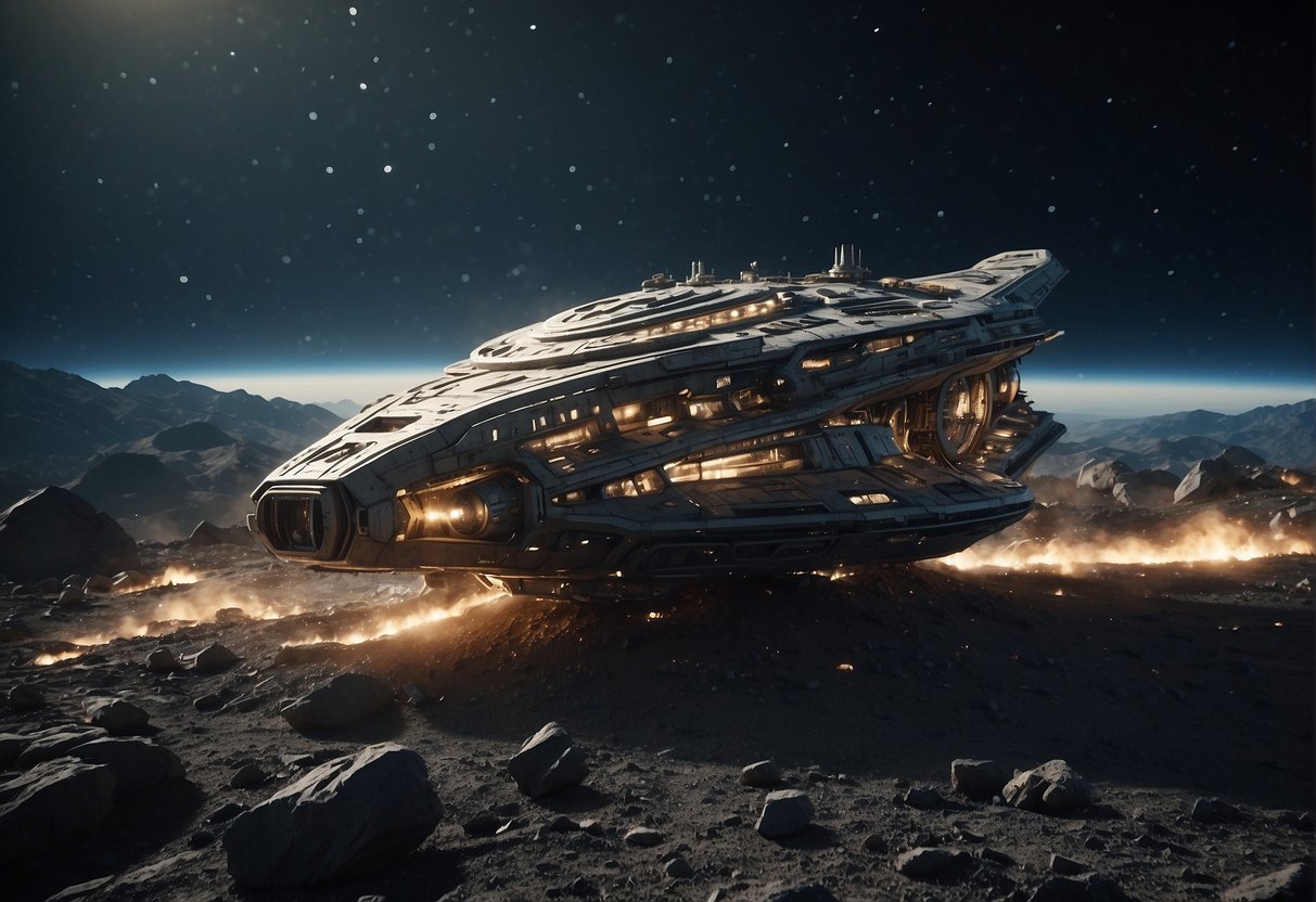 A spaceship navigates through a debris field, showcasing the intricate technology and physical constraints of space travel in The Expanse
