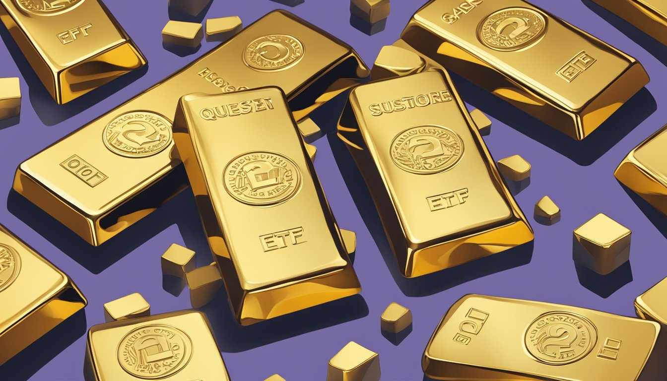 A stack of gold bars surrounded by a circle of question marks, with the words "Frequently Asked Questions safest gold etf singapore" written above