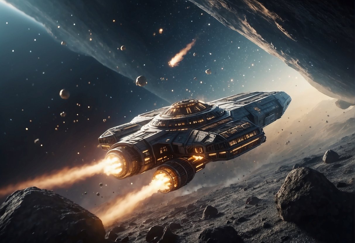 A spaceship navigates through asteroid field, engines roaring, as it approaches a massive, realistic depiction of a space station in the distance