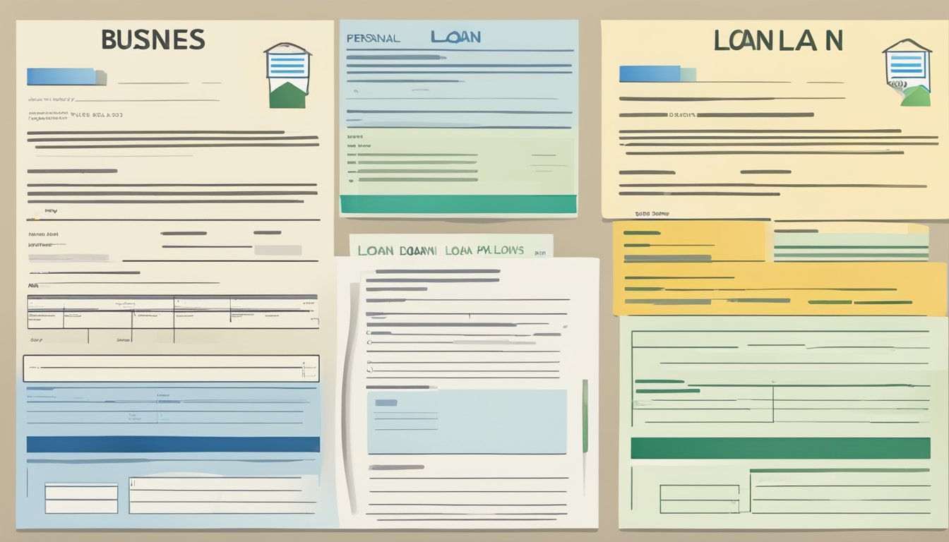 Two loan applications side by side, one labeled "business loan" and the other "personal loan." The business loan application is thicker and has more detailed financial documents attached