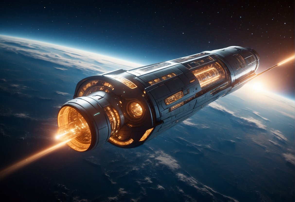 A spaceship glides through the vacuum of space, its sleek design and intricate propulsion system hinting at the advanced physics at play in this futuristic world