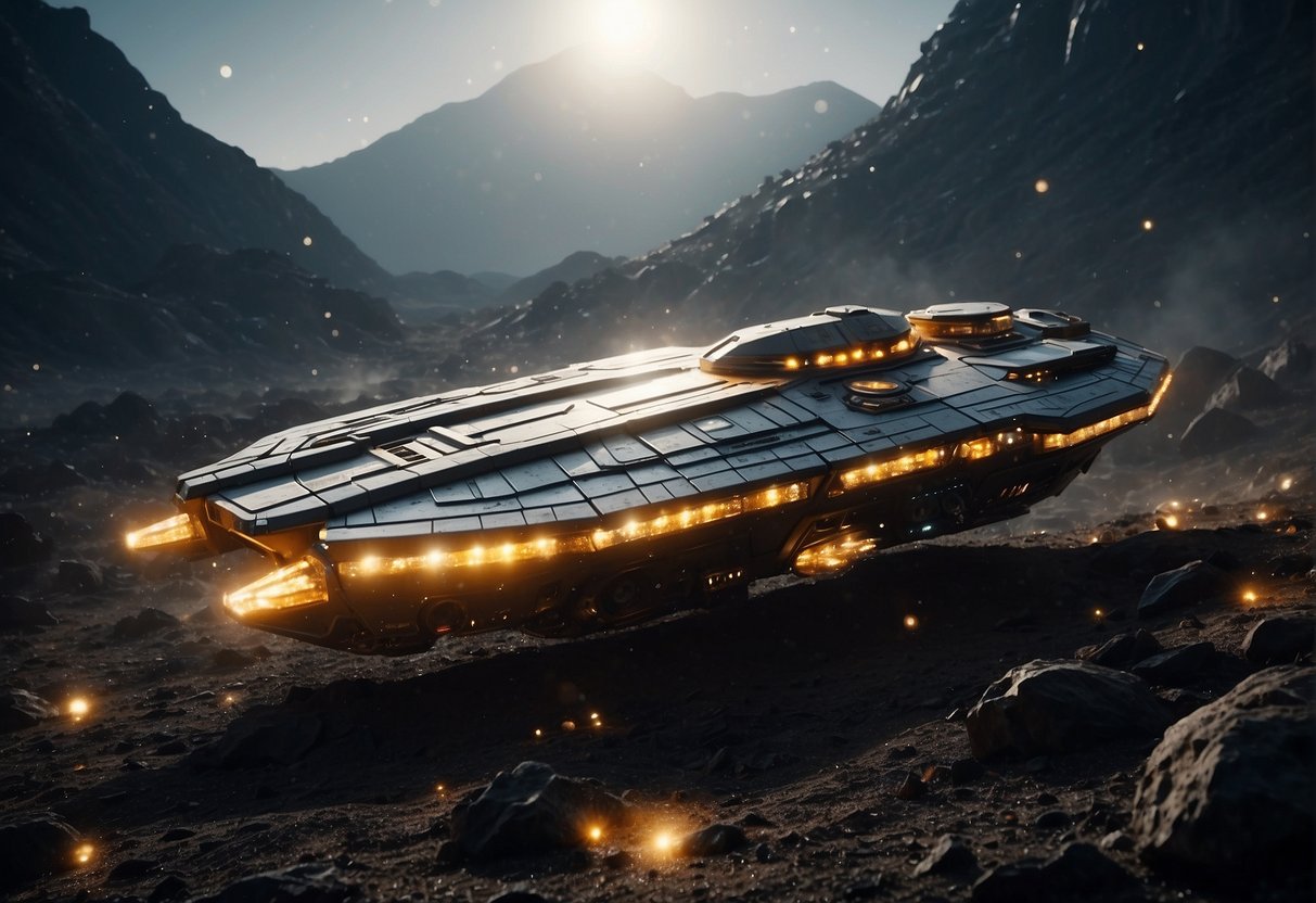 A spaceship navigates through a field of asteroid debris, with the vastness of space stretching out in the background. The ship's engines glow brightly as it maneuvers through the treacherous terrain