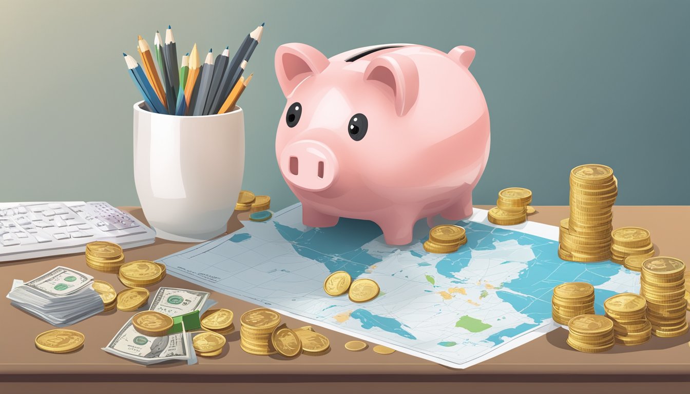 A piggy bank sits on a desk, overflowing with Singaporean coins. A calculator and budget planner are nearby, with a map of Singapore on the wall