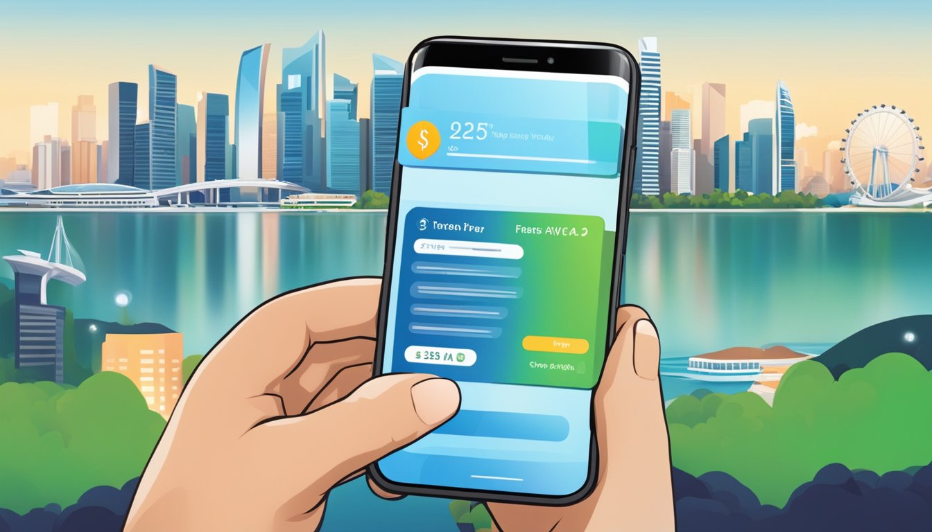 A person using a mobile banking app to transfer money in front of the iconic skyline of Singapore
