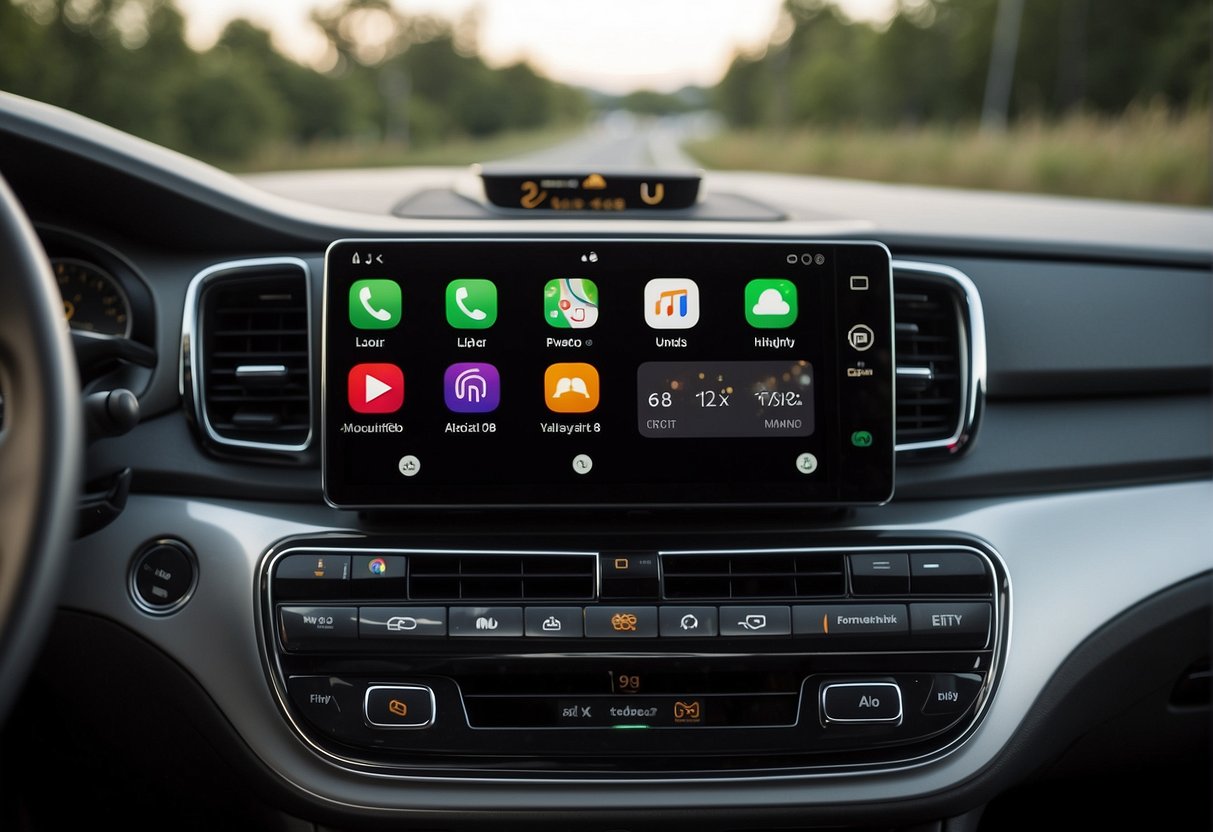 A car dashboard with Android Auto and Apple CarPlay logos displayed side by side, each showcasing their unique interface and features