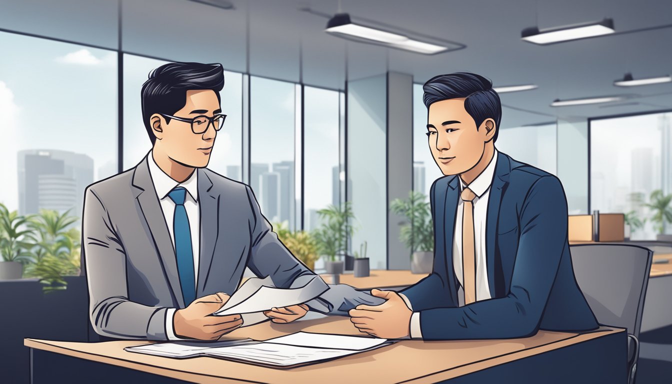 A business owner and a bank representative discussing loan terms and negotiations in a modern office setting in Singapore