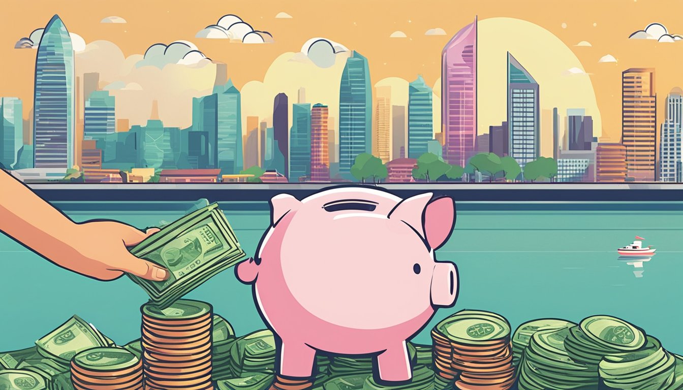 A hand putting money into a piggy bank labeled "Future Growth" with a backdrop of Singapore's iconic skyline