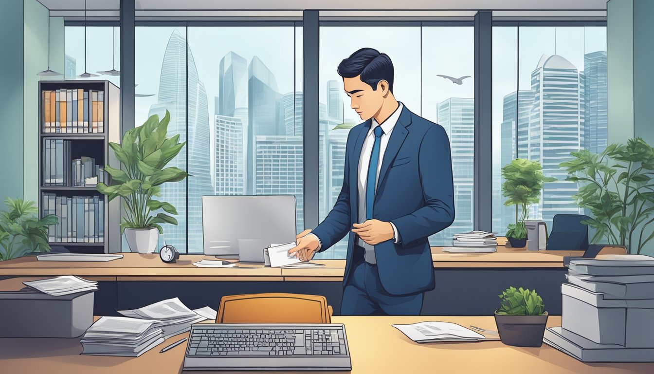 A businessman comparing business and personal loan options in a modern office setting in Singapore