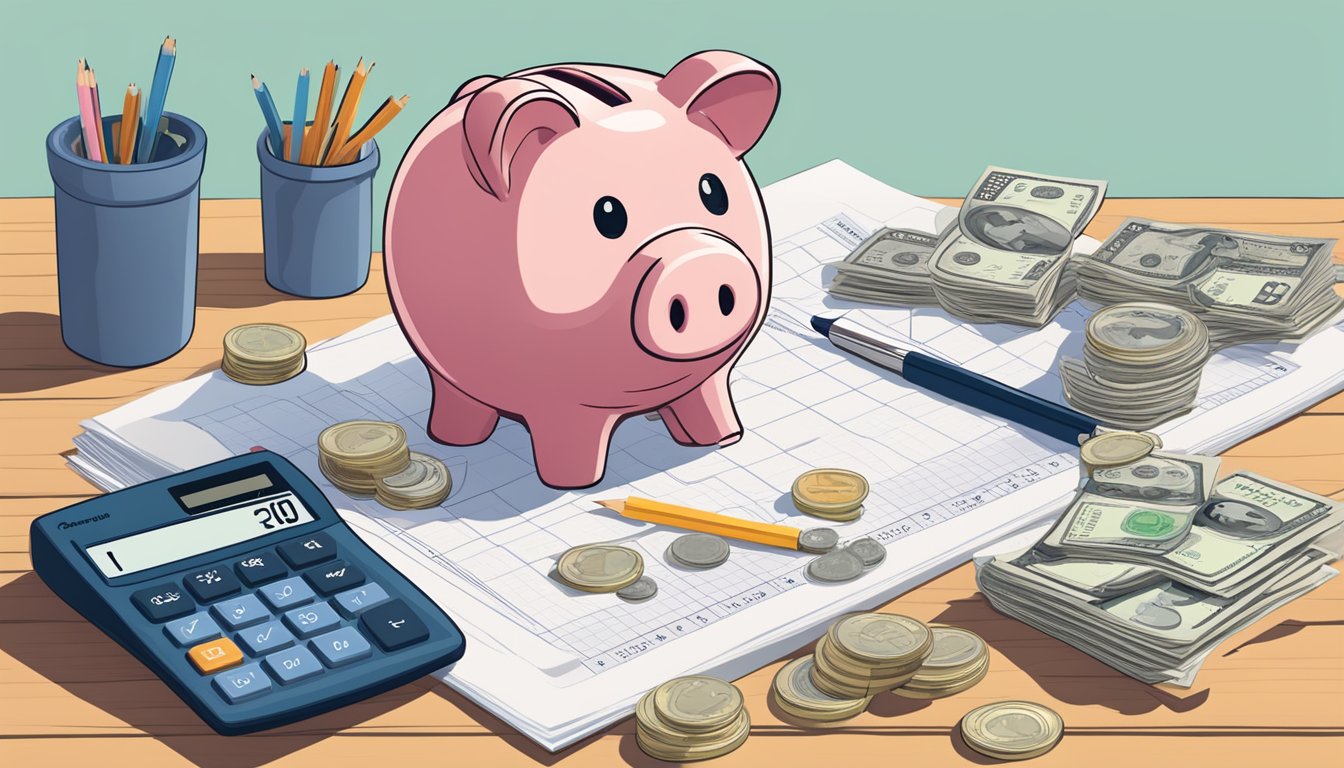 A piggy bank sits on a desk, overflowing with coins and bills. A calculator and budget spreadsheet are nearby, showing decreasing expenses and increasing savings