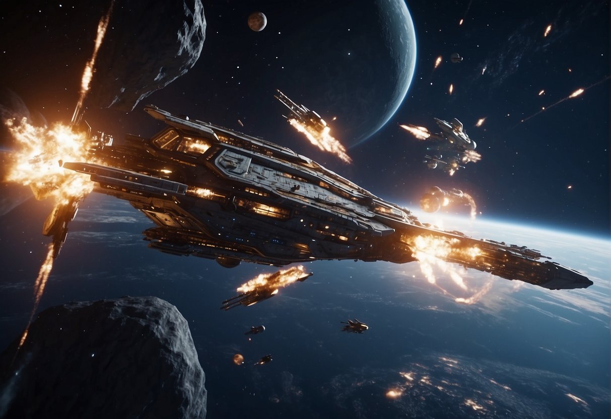 Intense space battle with ships weaving through debris, firing lasers and missiles. Strategy evident in flanking maneuvers and coordinated attacks