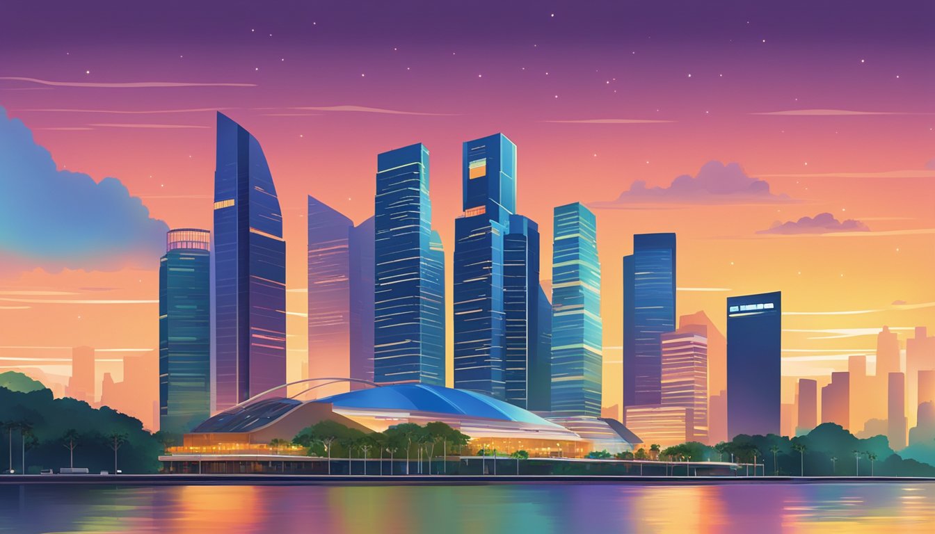 A vibrant cityscape of Singapore's iconic skyline at sunset, featuring the striking silhouette of the Saye account building against a backdrop of colorful skyscrapers and twinkling city lights