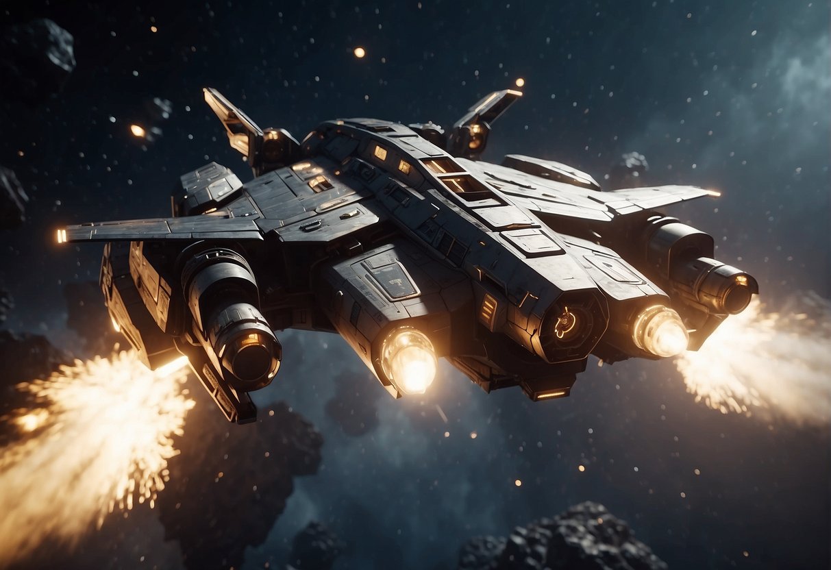 Spacecraft engage in intense dogfights, weaving through asteroid fields and dodging enemy fire. The visuals are chaotic yet strategic, showcasing the tension and high stakes of the battle