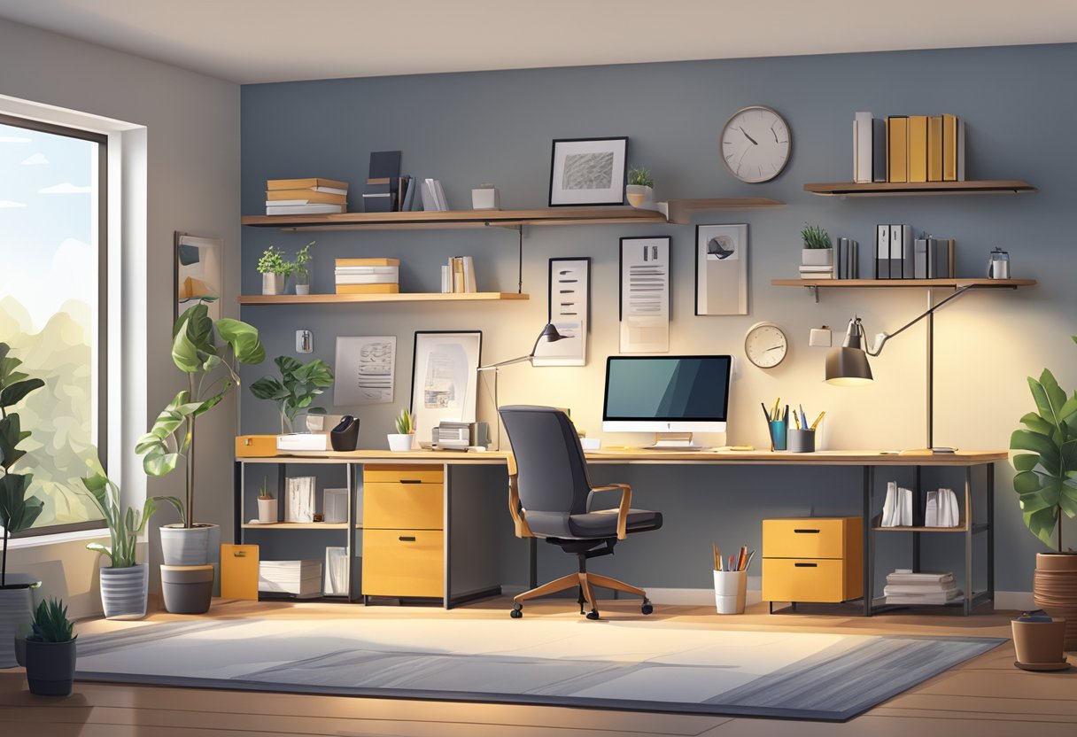 A well-lit home office with ergonomic furniture and organized supplies, creating a productive and comfortable workspace